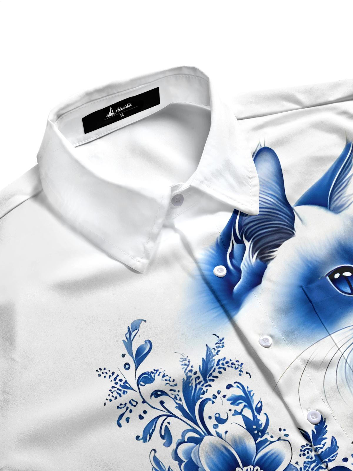 Cat Floral Men's Pocket Short Sleeve Shirts