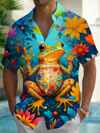 Men's colorful frog floral short sleeve shirt back view