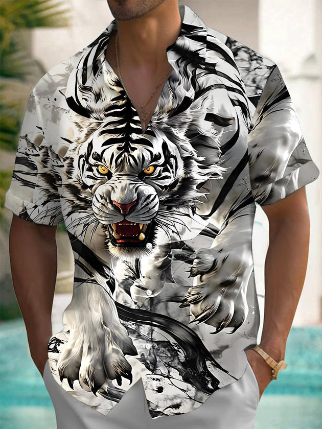 Men's animal tiger print short sleeve shirt front view