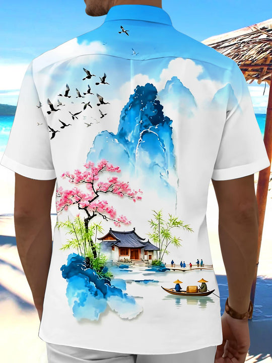 Art Landscape Ink Wash Mountains And Floral Men's Pocket Short Sleeve Shirts