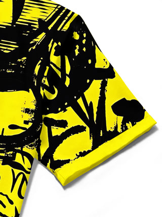 Men's abstract print short sleeve shirt close-up detail view