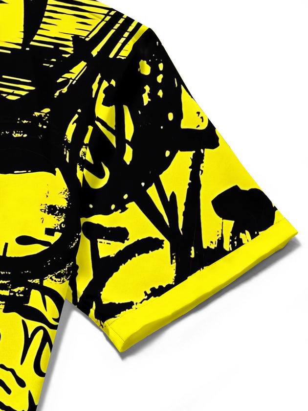 Men's abstract print short sleeve shirt close-up detail view