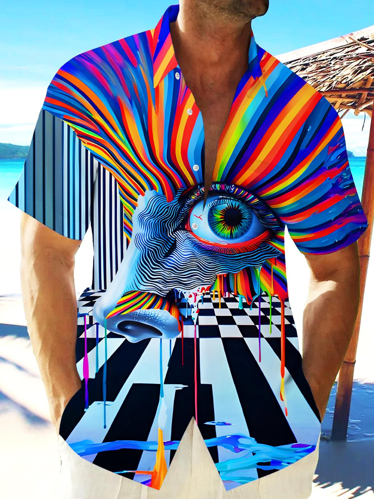 Colorful Tie-dye Art Face Stripes Checkered Men's Pocket Short Sleeve Shirts