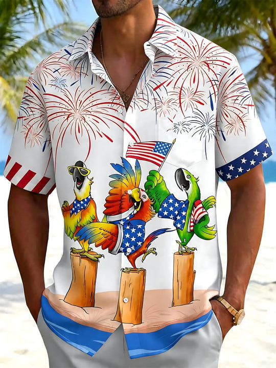 men's parrot print shirt front view Independence Day