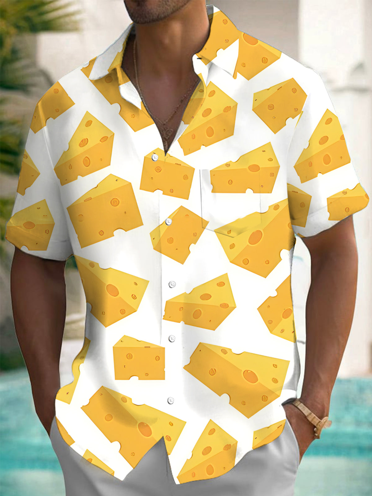 Cheese Print Men's Pocket Short Sleeve Shirts