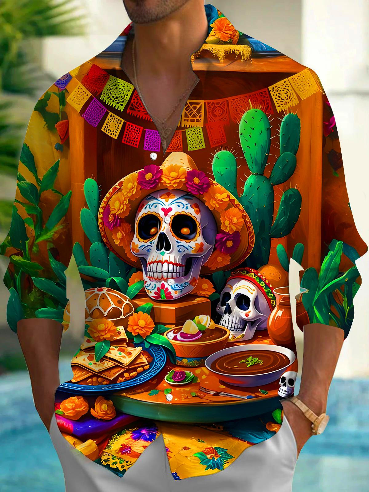 Colorful Sugar Skull Cactus Festival Food Men's Pocket Long Sleeve Shirts