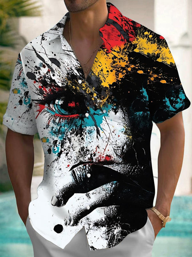 Men's abstract print pocket short sleeve shirt front view