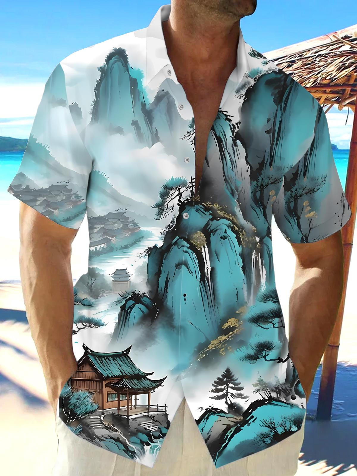 Ink Landscape Print Men's Pocket Short Sleeve Shirts