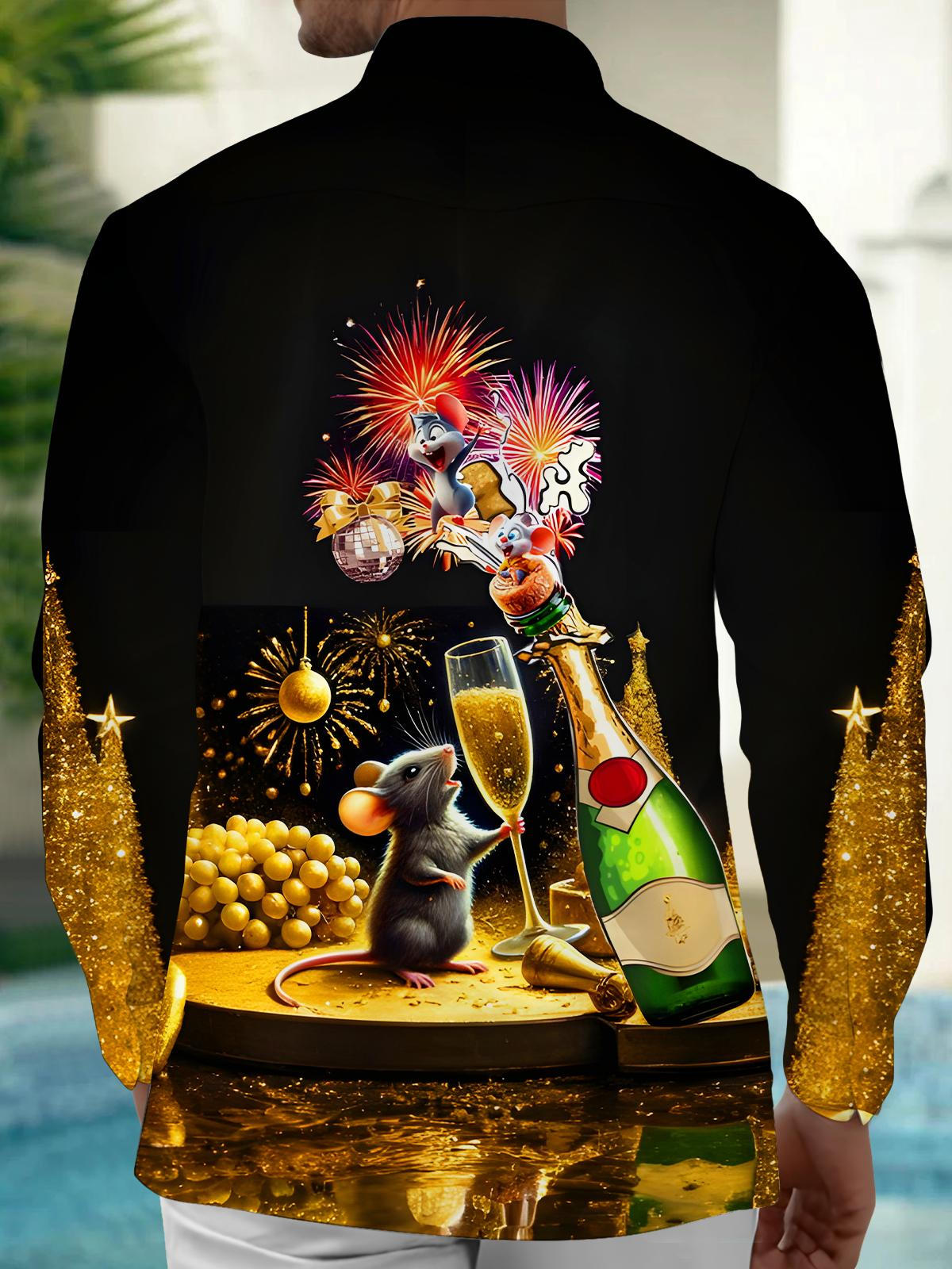 Festive Fun Mouse Champagne Fireworks Men's Pocket Long Sleeve Shirts