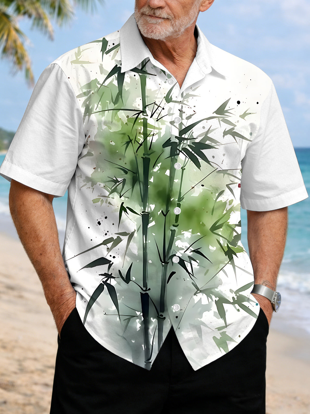Bamboo Print Men's Pocket Short Sleeve Shirts