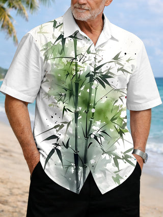 Men's bamboo print short sleeve pocket shirt front view