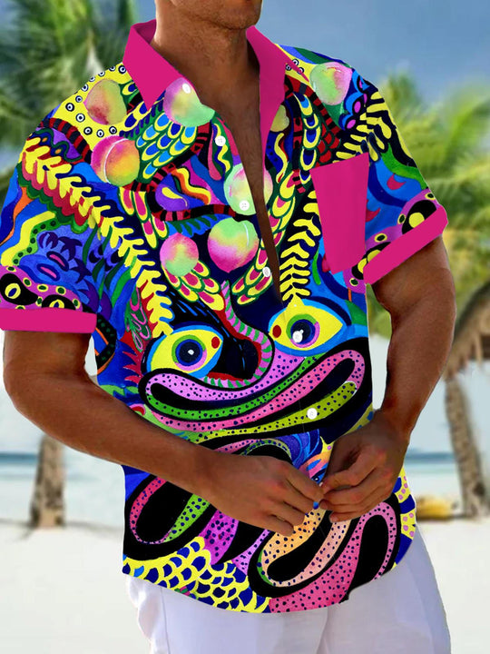 Men abstract print pocket short sleeve shirt front view