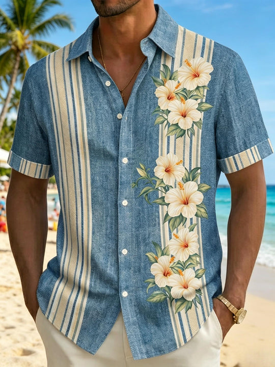 Hawaiian Striped Hibiscus Flower Men's Pocket Short Sleeve Shirts
