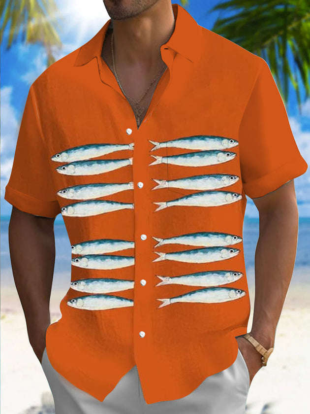 Men's Hawaiian fish print short sleeve shirt front view tropical beach vacation