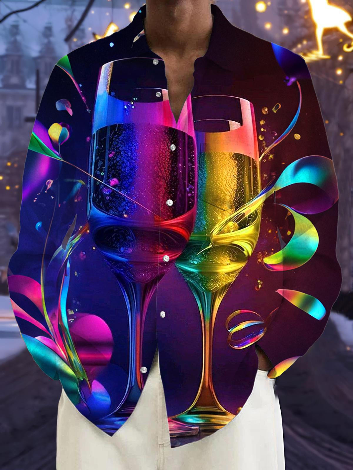 Christmas Champagne Glass Print Men's Pocket Long Sleeve Shirts
