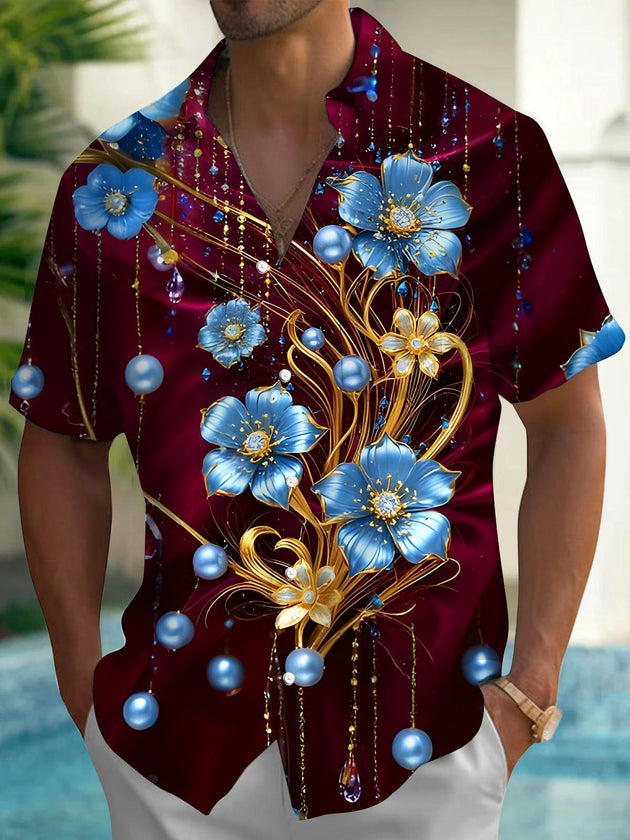 Men Art Floral Short Sleeve Shirt Front View