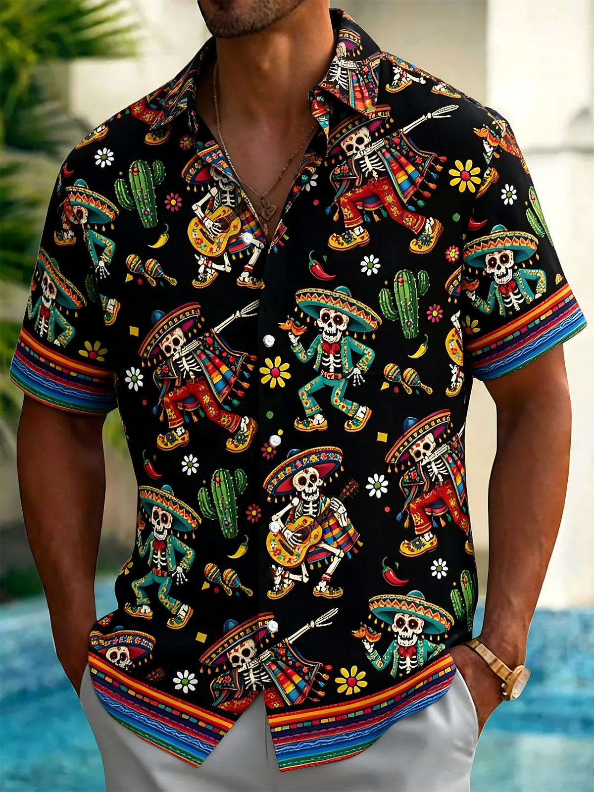 Skull Cactus Print Men's Pocket Short Sleeve Shirts