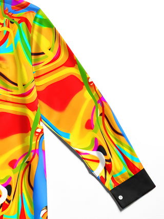 Men's colorful tie dye abstract print long sleeve shirt close-up detail showing pocket stitching and fabric texture