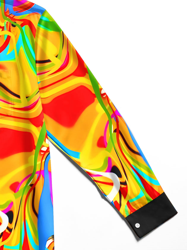 Men's colorful tie dye abstract print long sleeve shirt close-up detail showing pocket stitching and fabric texture