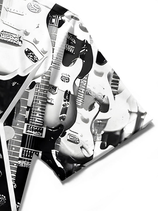 men's guitar print shirt close-up short sleeve