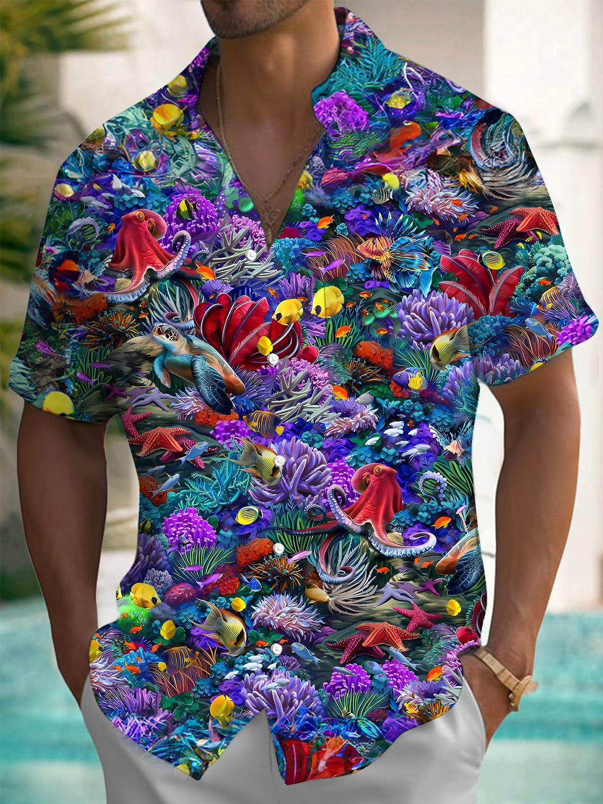 Marine Life Print Men's Pocket Short Sleeve Shirts