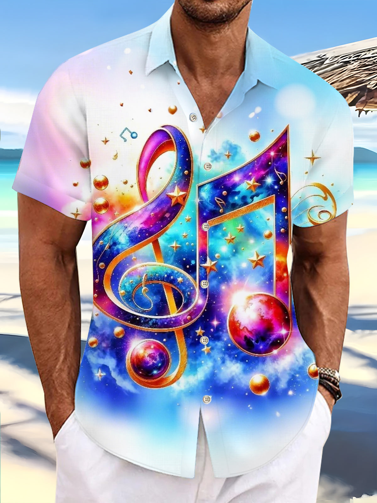 Musical Note Print Men's Pocket Short Sleeve Shirts