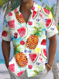 Hawaiian Watermelon Pineapple Print Men's Pocket Short Sleeve Shirts