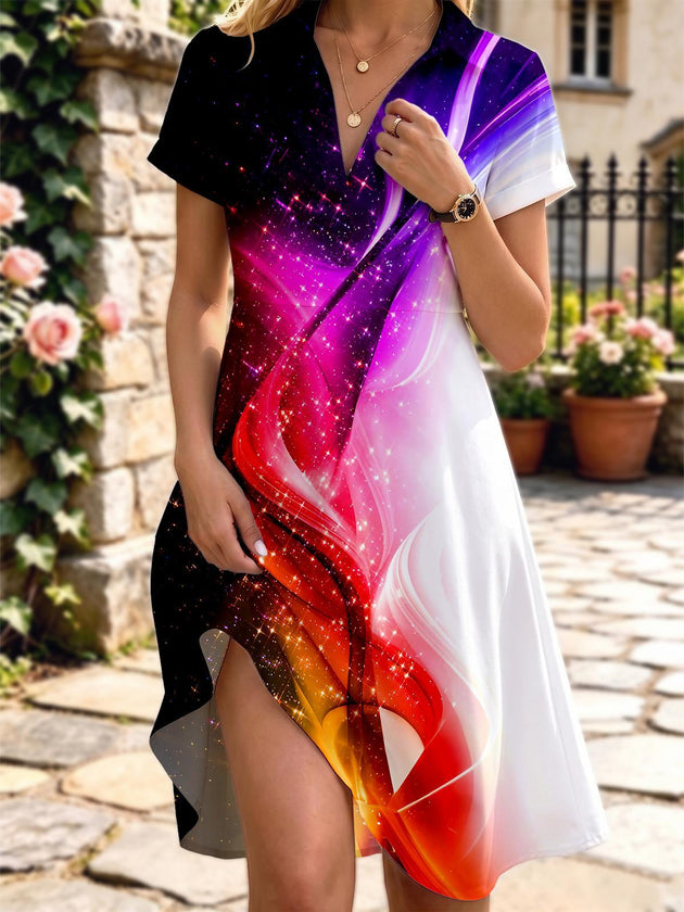 Art Abstract Starry Sky Light Gradient Women's Short Sleeve Shirt Collar Dress