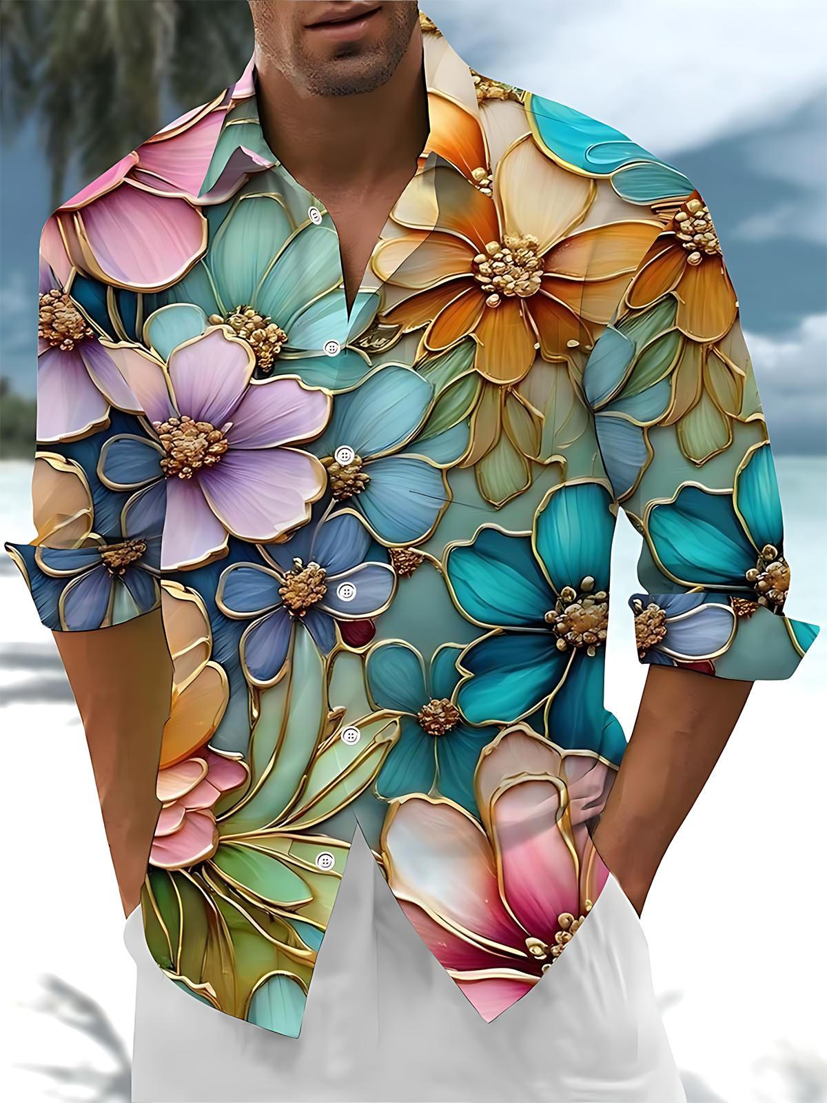 Floral Print Men's Pocket Long Sleeve Shirts