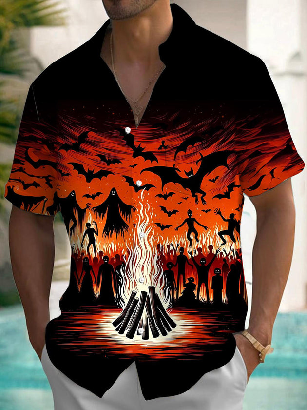 Men's ghost bonfire pocket short sleeve shirt front view Halloween costume