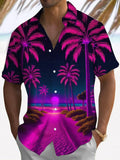 Hawaiian Coconut Tree Print Short Sleeve Men's Shirts With Pocket