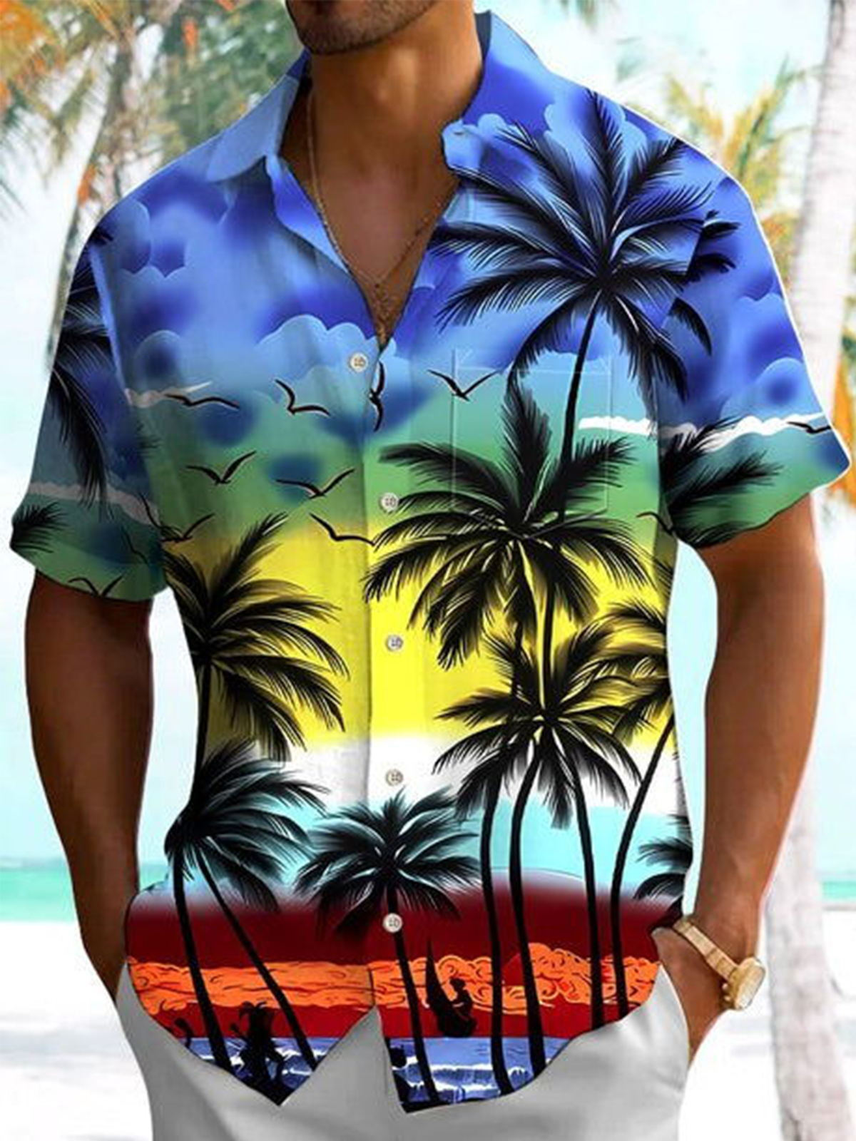 Hawaiian Palm Tree Gradient Print Men's Pocket Short Sleeve Shirts