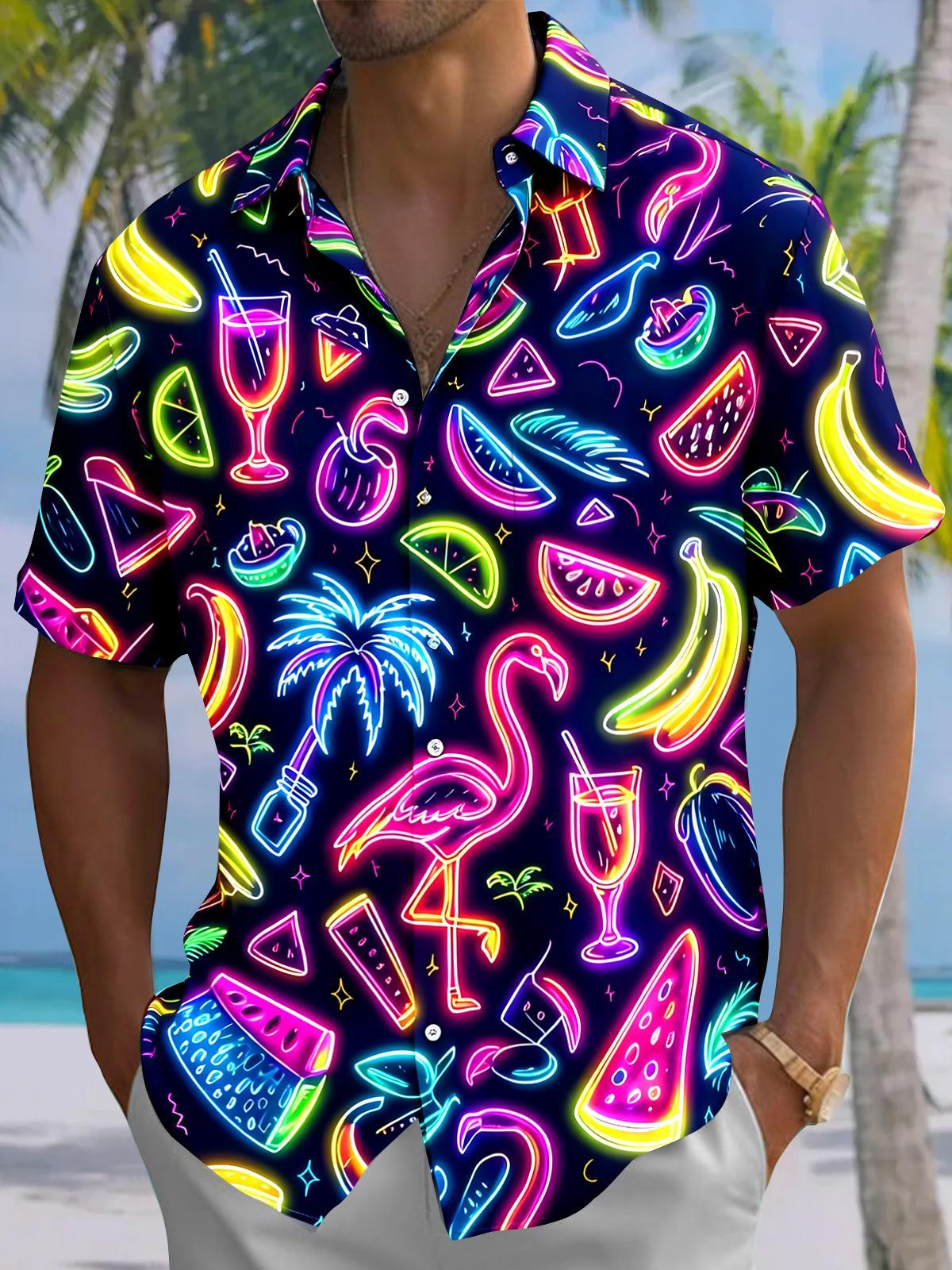 Hawaiian Flamingo Coconut Tree Fruit Men's Pocket Short Sleeve Shirts