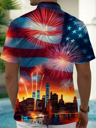 Men's American flag fireworks night print short sleeve shirt back view