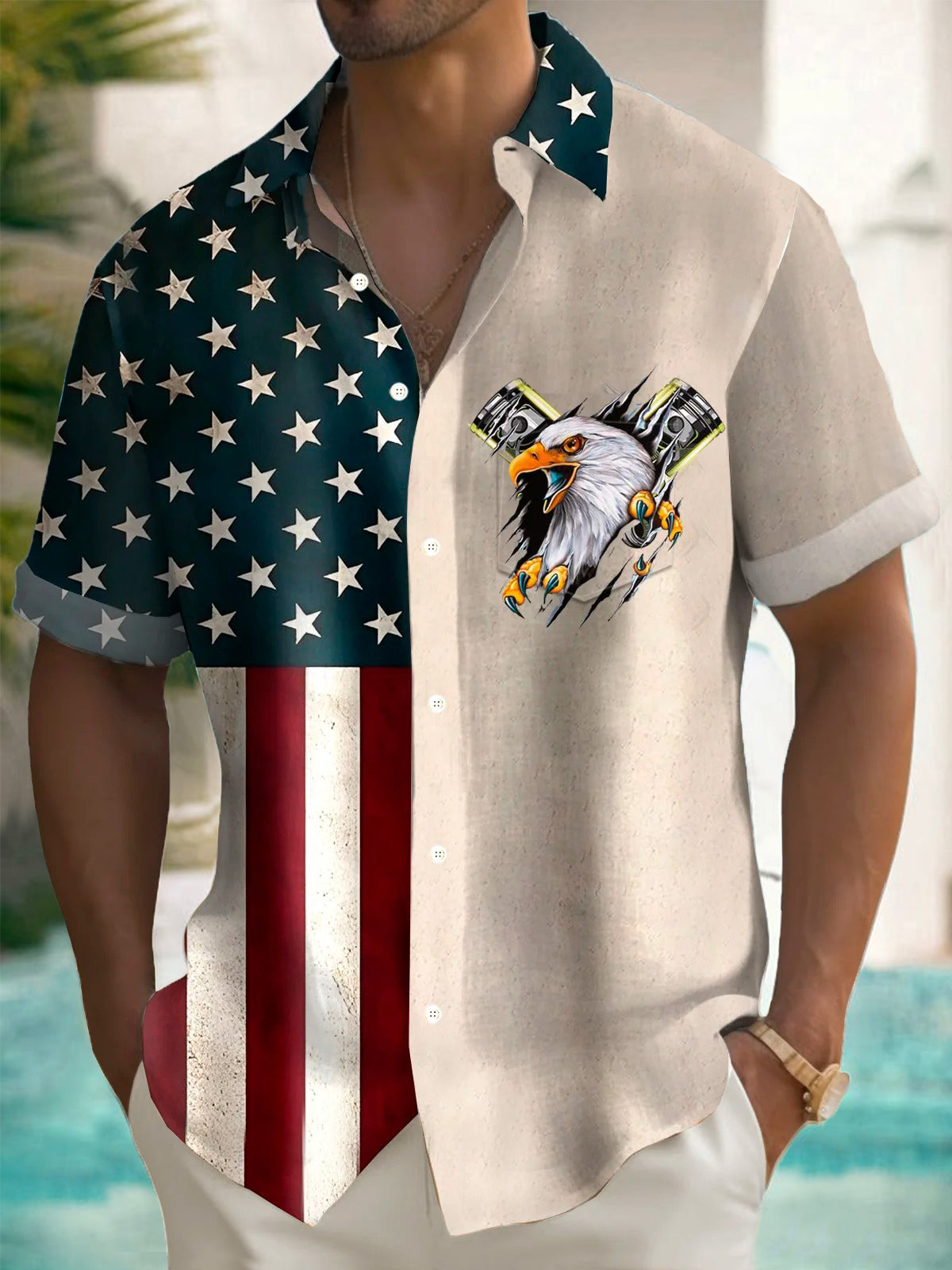 Independence Day Flag Eagle Print Men's Pocket Short Sleeve Shirts