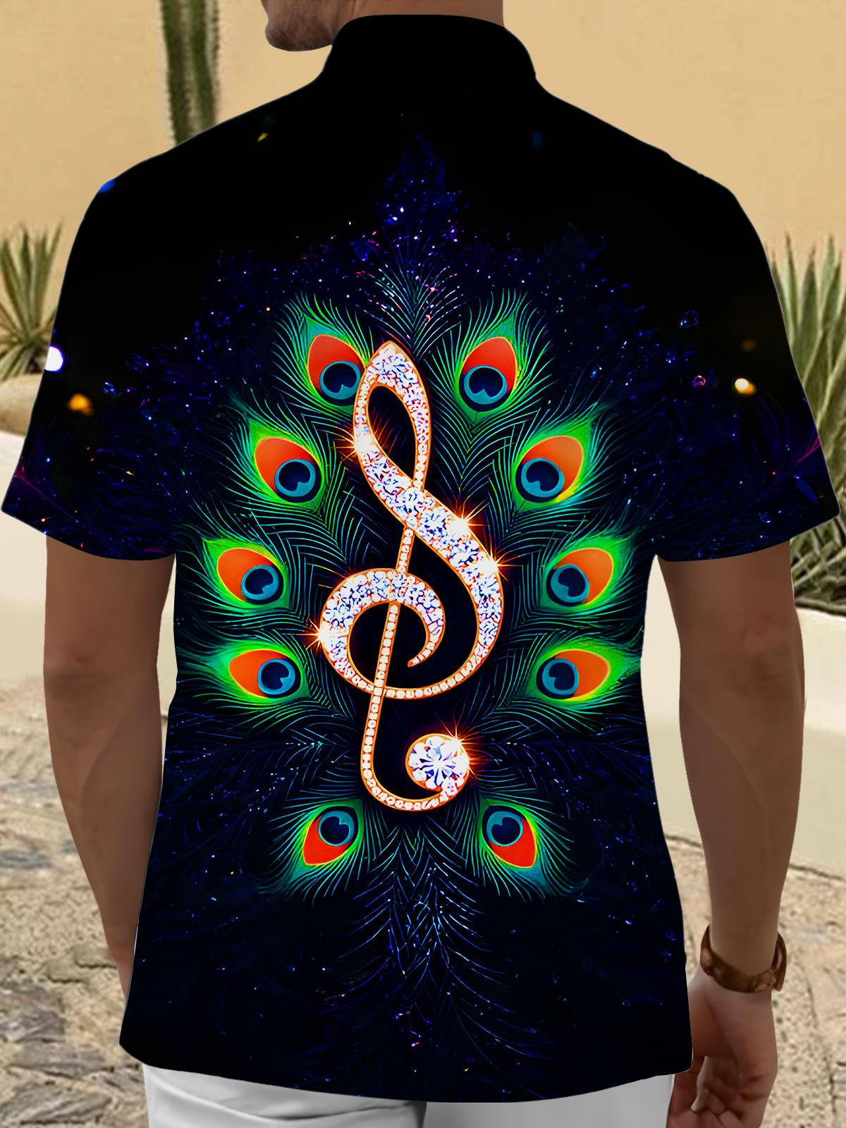 Shining Peacock Feathers Music Notes Men's Pocket Short Sleeve Shirts