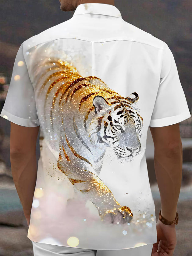 Men's animal tiger print pocket short sleeve shirt back view