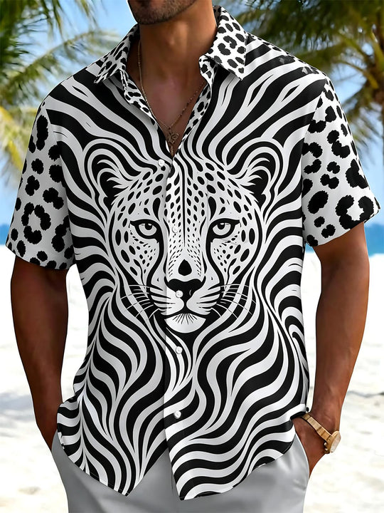 Black And White Leopard Print Men's Pocket Short Sleeve Shirts