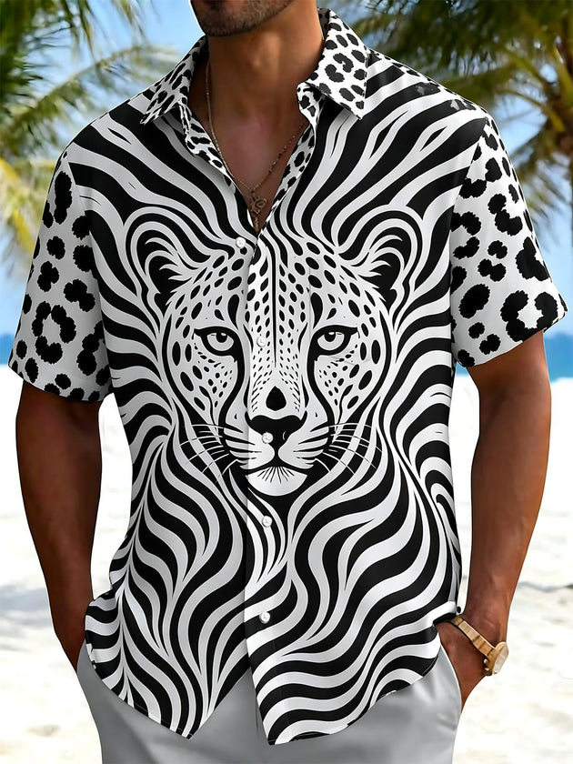 Black And White Leopard Print Men's Pocket Short Sleeve Shirts