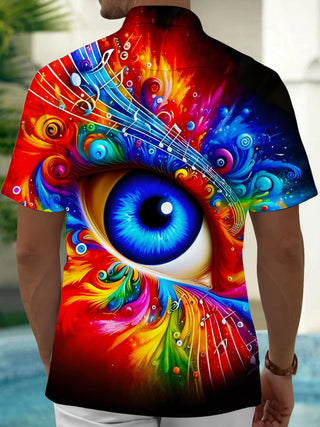 Men's black music print short sleeve shirt back view