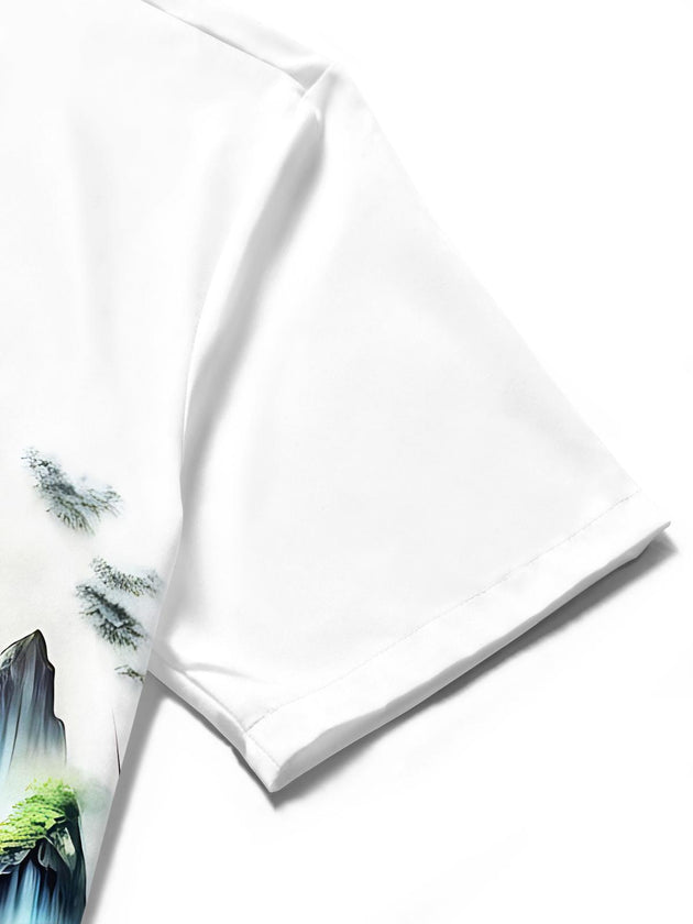 Dragon Mountain Landscape Lotus Men's Pocket Short Sleeve Shirts
