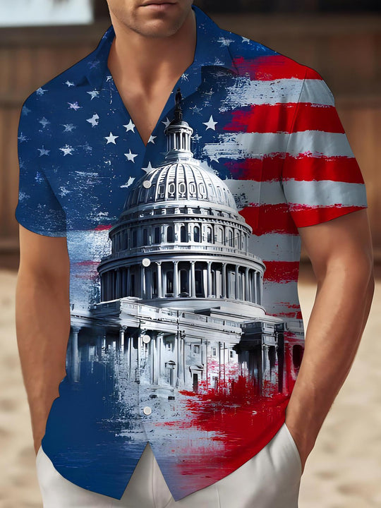 Men's American flag print pocket short sleeve shirt front view Independence Day