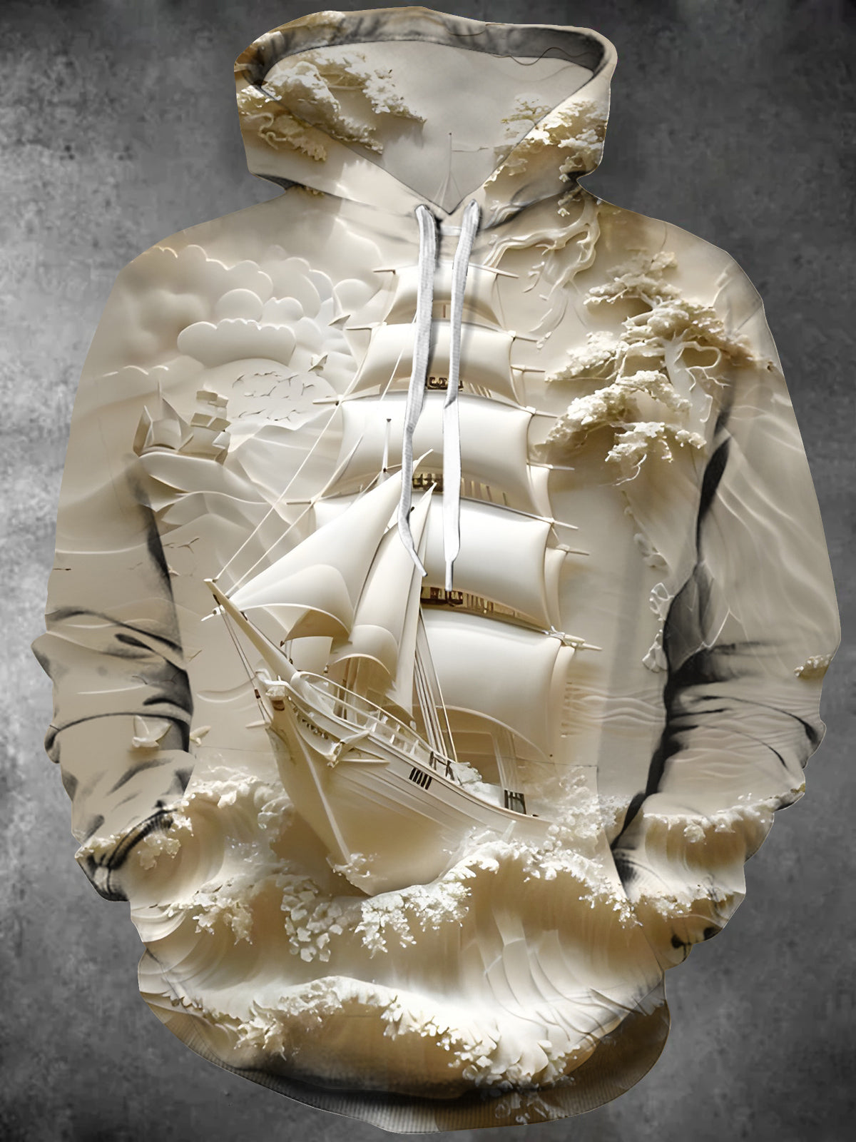 Boat Art Print Long Sleeve Hooded Pocket Men's Top