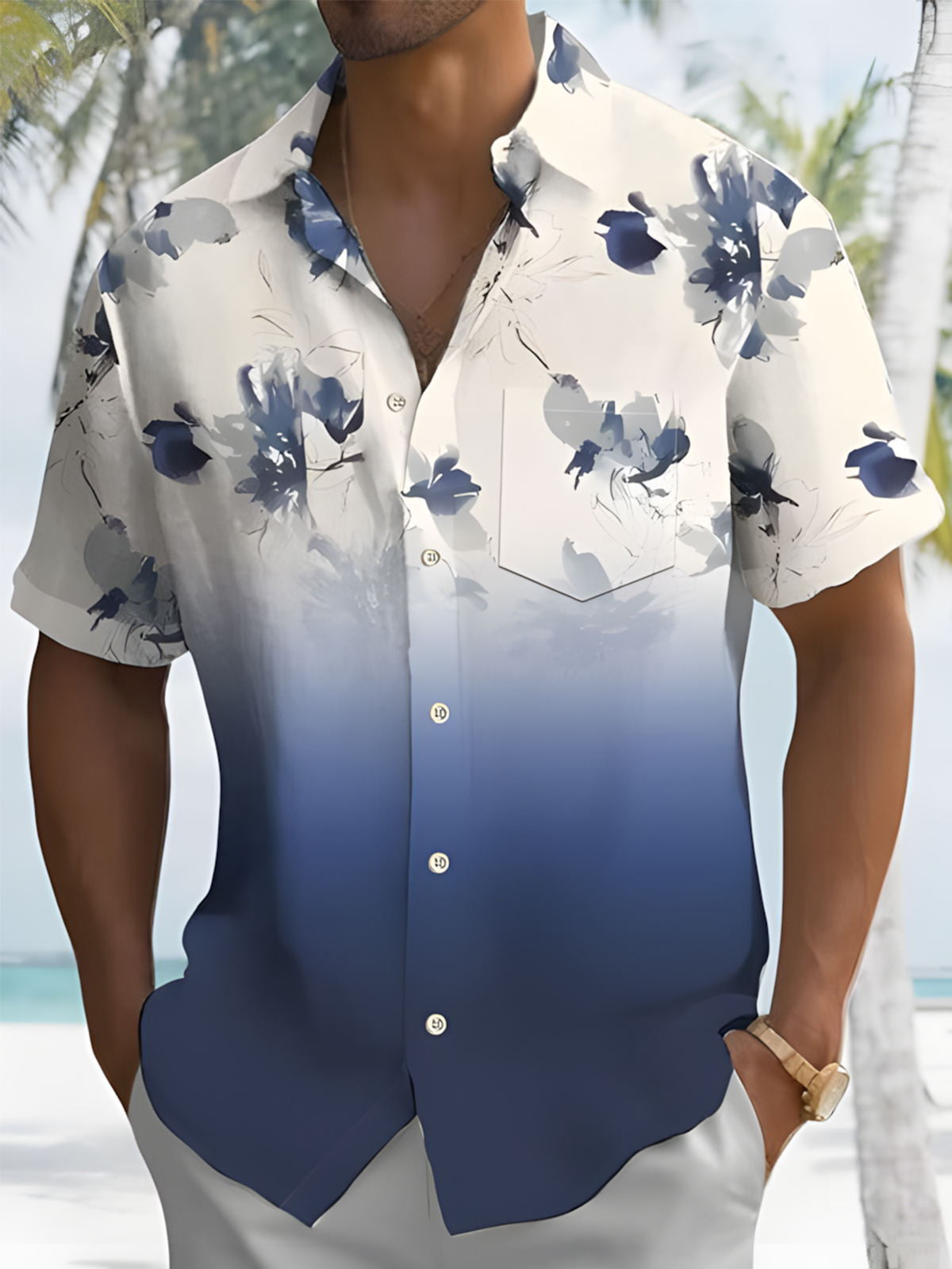 Floral Ombre Print Men's Pocket Short Sleeve Shirts