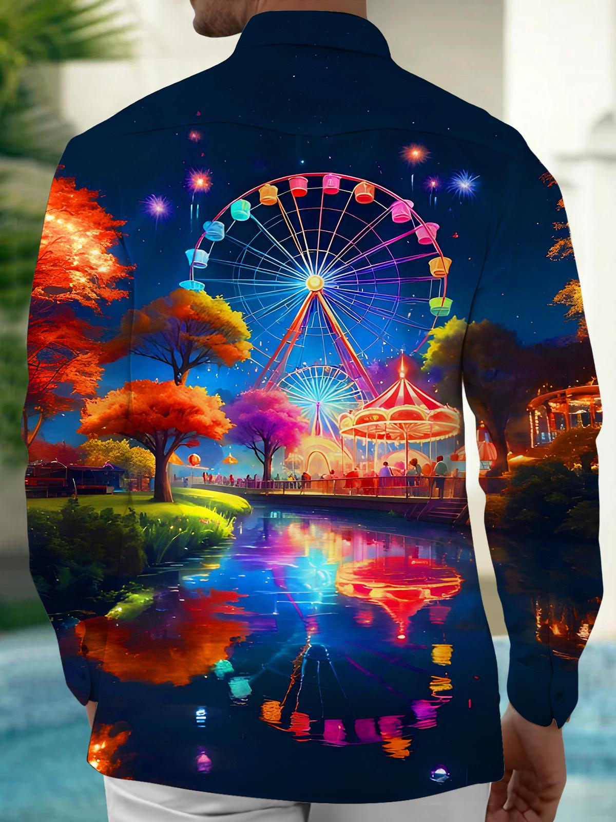 Colorful Amusement Park Ferris Wheel Trees Men's Pocket Long Sleeve Shirts