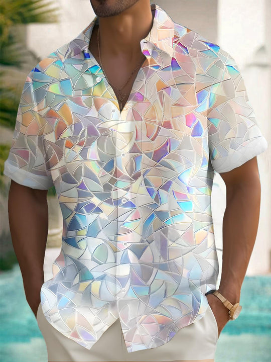 Men's geometric print pocket short sleeve shirt front view