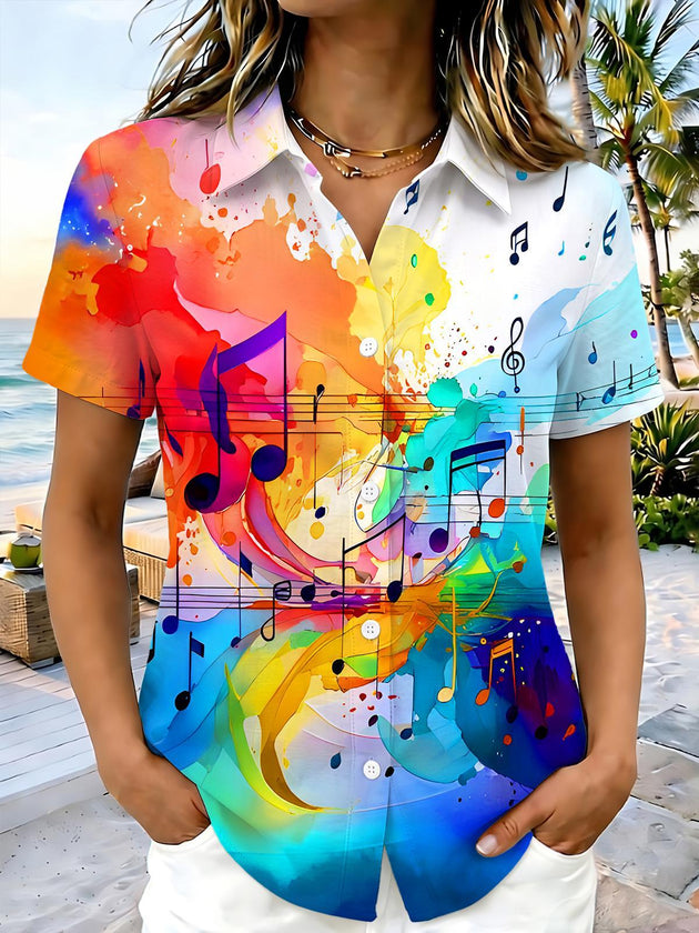 Colorful Watercolor Music Note Gradient Women's Short Sleeve Shirts