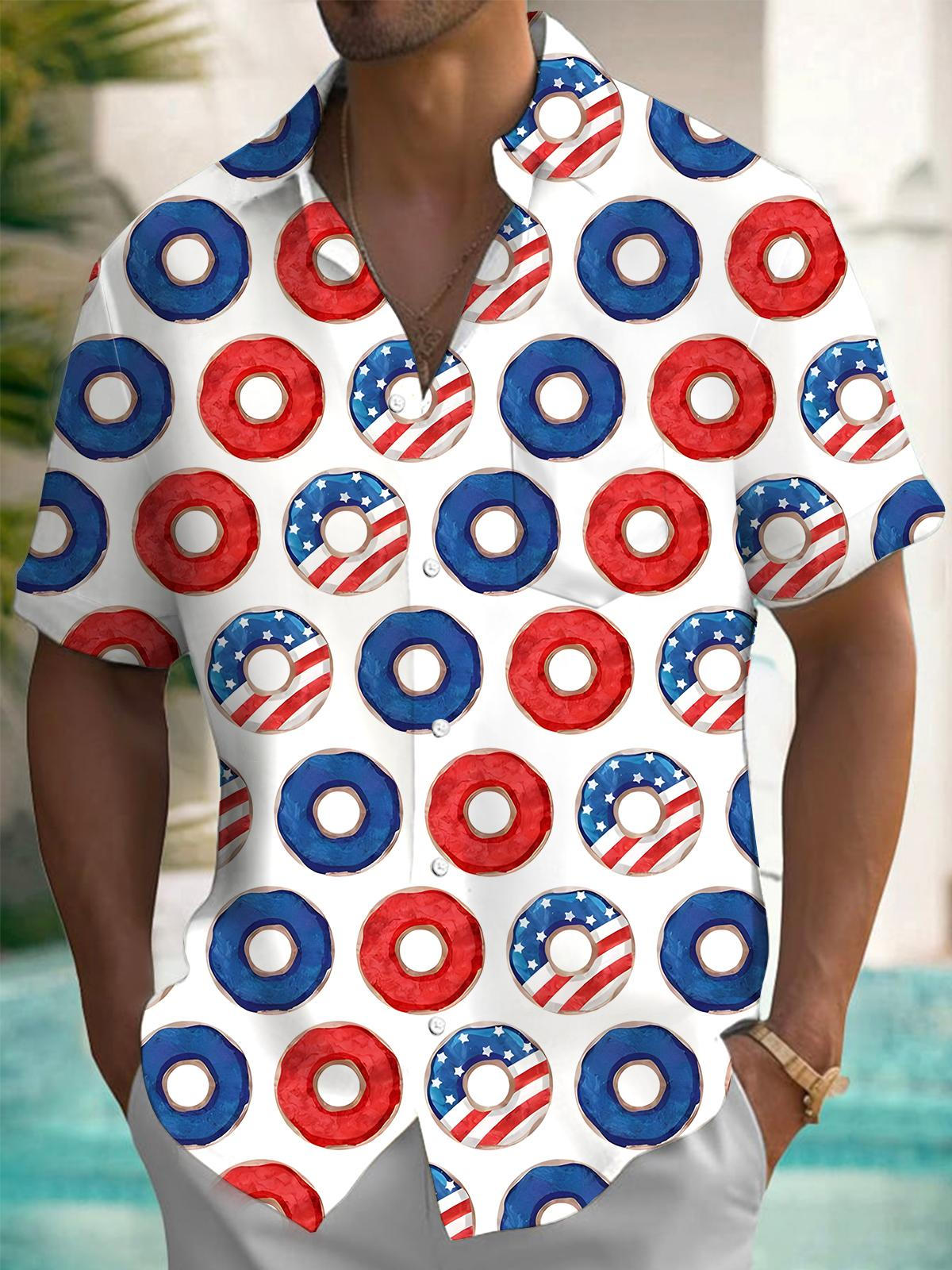 American Flag Donut Print Men's Pocket Short Sleeve Shirts