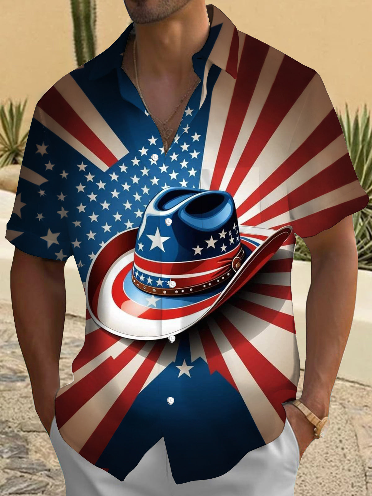 American Flag Cowboy Hat Print Men's Pocket Short Sleeve Shirts