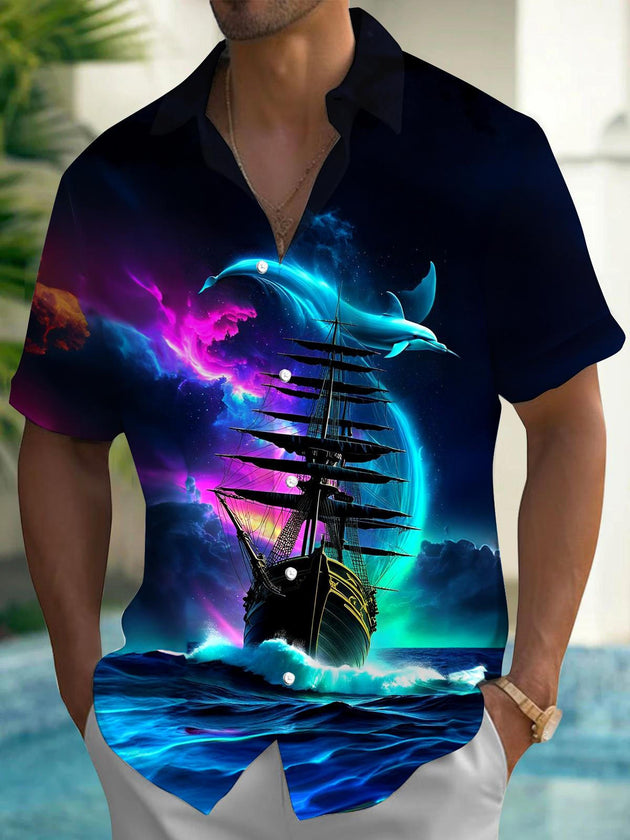 Men's Hawaiian short sleeve shirt front view for tropical beach vacation